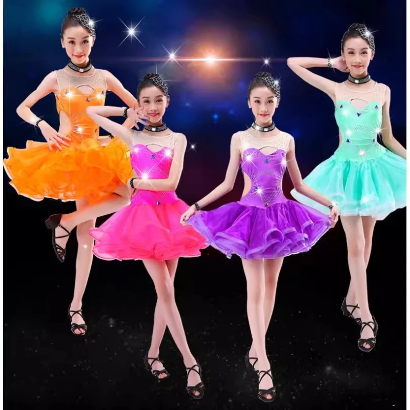 新しいラテンダンスドレス、ダイヤモンドプロ競技スカートセット、子供用パフォーマンスドレス、女の子用練習着