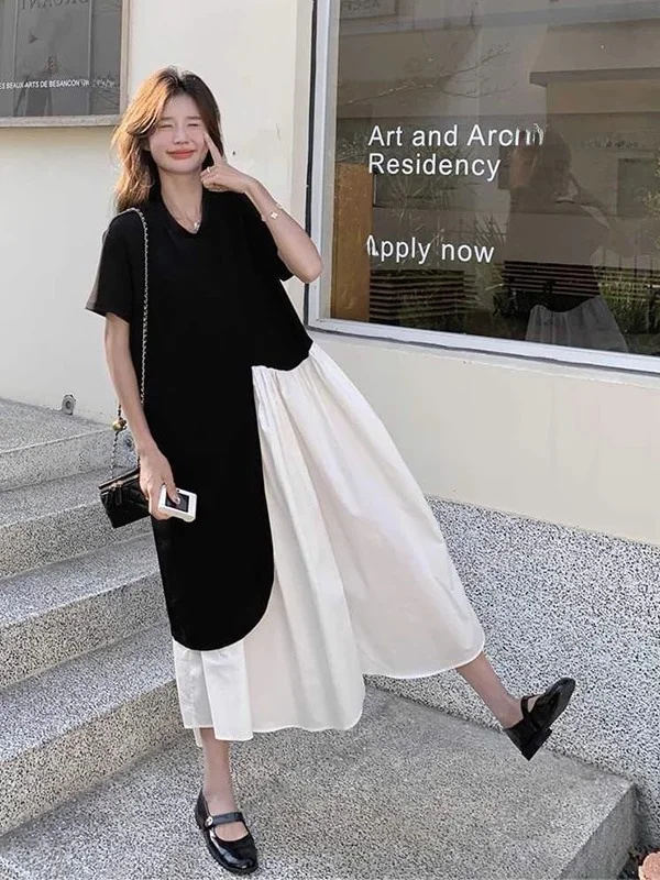 

plus Size Casual V-Ne ort Sve Midi Dr Color Blo Irregular A-Line Skirt for plus Size Women Summer Faion Dr