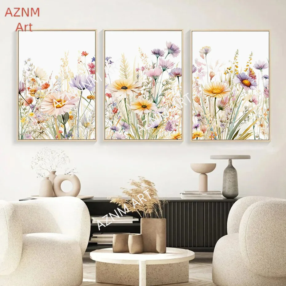 Nordisch modernes, kleines, frisches Aquarellbild mit Pflanzen und Wildblumen, Wohnzimmerdekoration, hängendes Leinwandbild