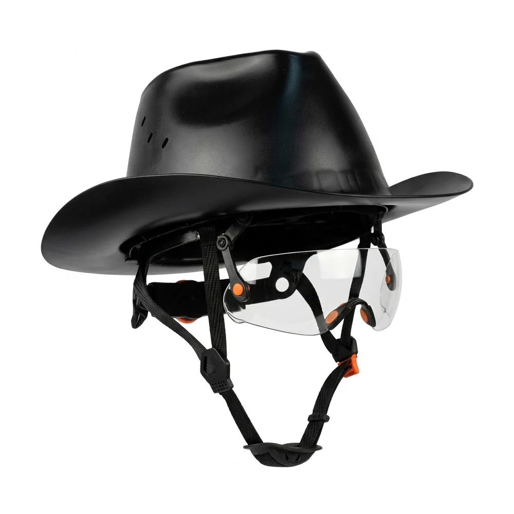 

ANSI Breathable Cowboy Safety Helmet Integrated Goggles Wide Brim Hard Hat Vented HDPE Outdoor Sun Protection Work Cap