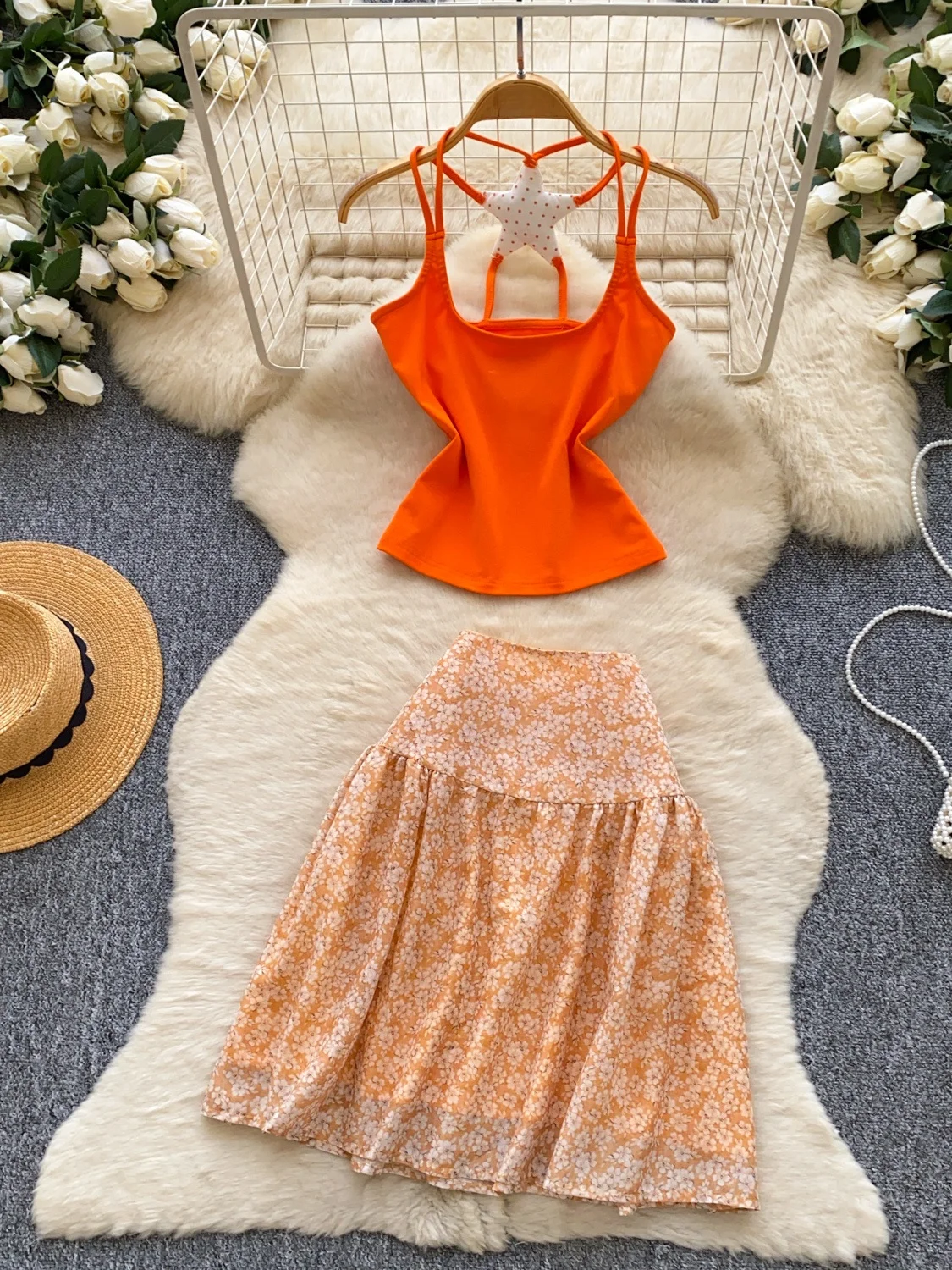 

Sweet Summer Orange Floral Vest And Skirt Set Women's Fashion Slimming Ensemble High Waist Casual Commute Style Two-Piece Suit