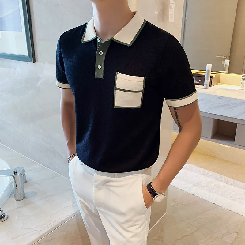 

Masculina Camisa Polo Men's Short-sleeved Knitted Polo Shirt Summer Contrast Color Pocket British Slim Lapel Ice Silk Mode Homme