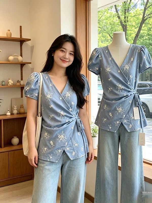 

plus Size Women's Summer Shirt V-Neck Tie Waist Short Sleeve Embroidered Top Korean Style Commute Fashion Bubble Sleeve