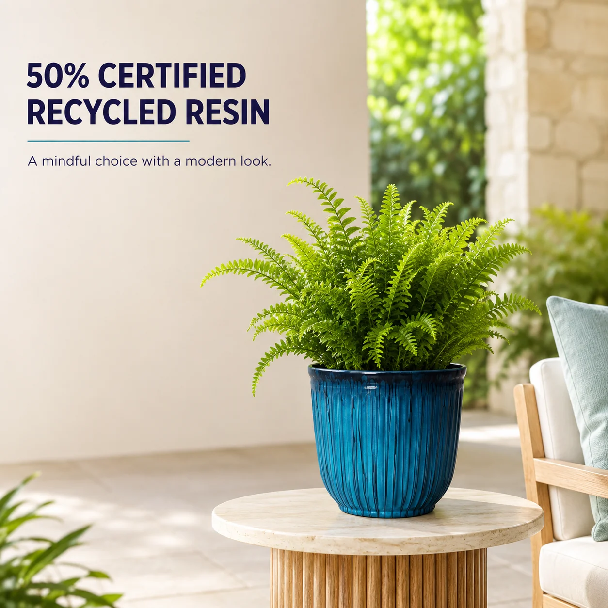 Kamala Round Planter, 10.7 in X 9.7 in Aqua Recycled Polypropylene Resin Flower Pot Modern Decorative Indoor‑Outdoor Plant Container for Garden Patio Home Decor