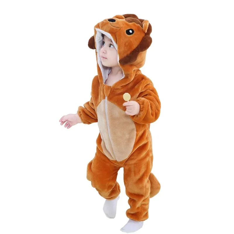 Kinder Dinosaurier Löwe Tiger Tier Kapuzenkostüm Winter Langarm Reißverschluss Overall für Kleinkinder Flanell Thermo-Pyjama