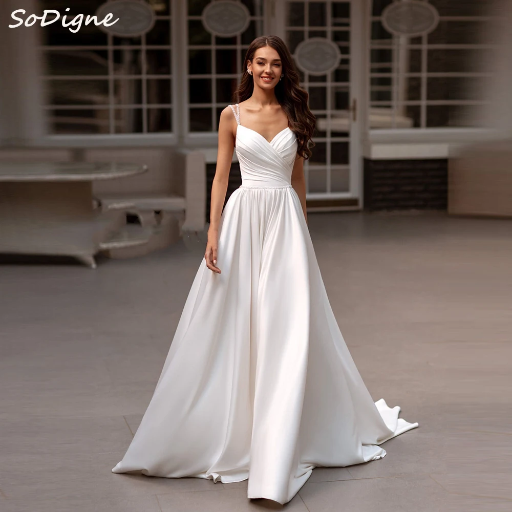 

SoDigne A-line Satin Wedding Dresses Sweetheart Sleeveless Bridal Dress Simple Long Bride Gown Robe De Mairee ﻿Customized