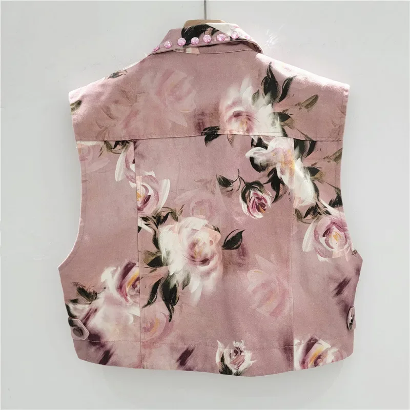 Moda Kwiatowy nadruk Perłowy diament Cekiny Różowa krótka kamizelka damska Casual Luźna kamizelka damska z klapami Jednorzędowa kamizelka bez rękawów
