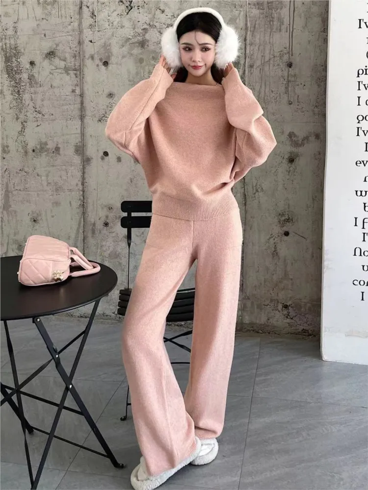 Slash Neck Sweater And Long Trouser Chic Winter Two Piece Set Loose Knit Tops Long Trouser Pink Sweet Two Piece Set 2024 New