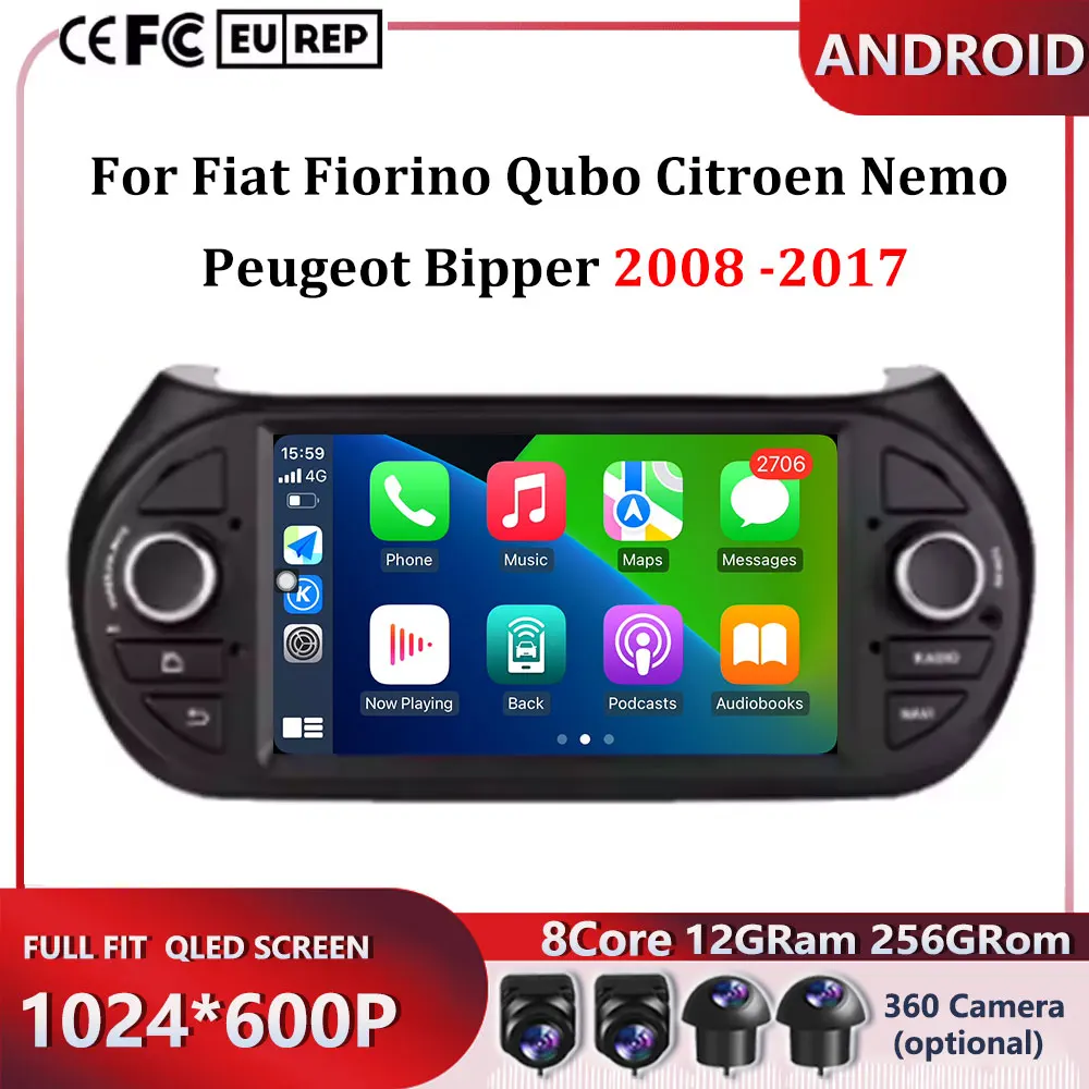 Android 15 Auto Autoradio Per Fiat Fiorino Qubo Citroen Nemo Peugeot Bipper 2008 -2017 Lettore Video Multimediale 4G CarPlay BT GPS