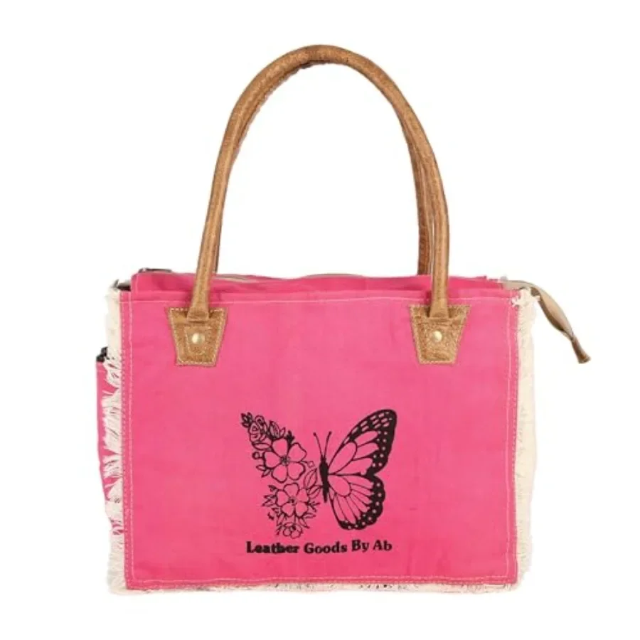 LGBAB The Butterfly Upcycled Canvas and Cowhide Leather Tote Bag, Hand Bag With Leather Accents