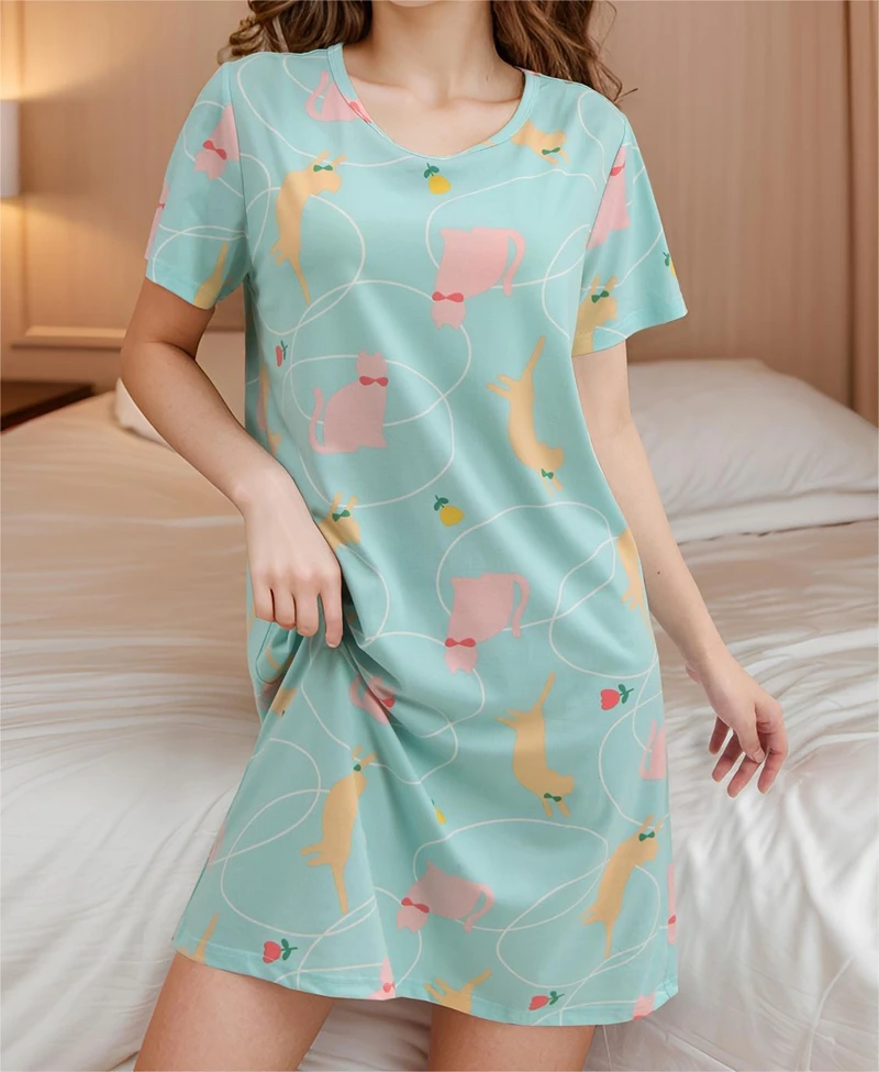 

Cats Print Short-Sleeve Nightgown For Women Cozy Round Neck Mini Dress Cool Feeling Relaxed Fit Summer Nightshirt Sleepwear Pjs