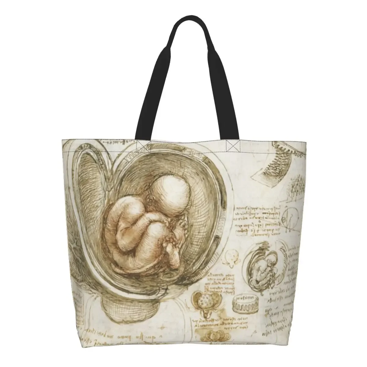 Studies Of The Fetus In The Womb Groceries Shopping Bags Canvas Shopper Tote Shoulder Bag Big Capacity Leonardo Da Vinci Handbag