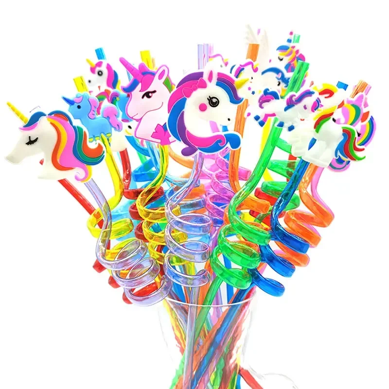 

8pcs Unicorn Theme Spiral Plastic Drinking Straw Reusable Unicorn Straws for Kids Baby Shower Birthday Party Decor Souvenirs