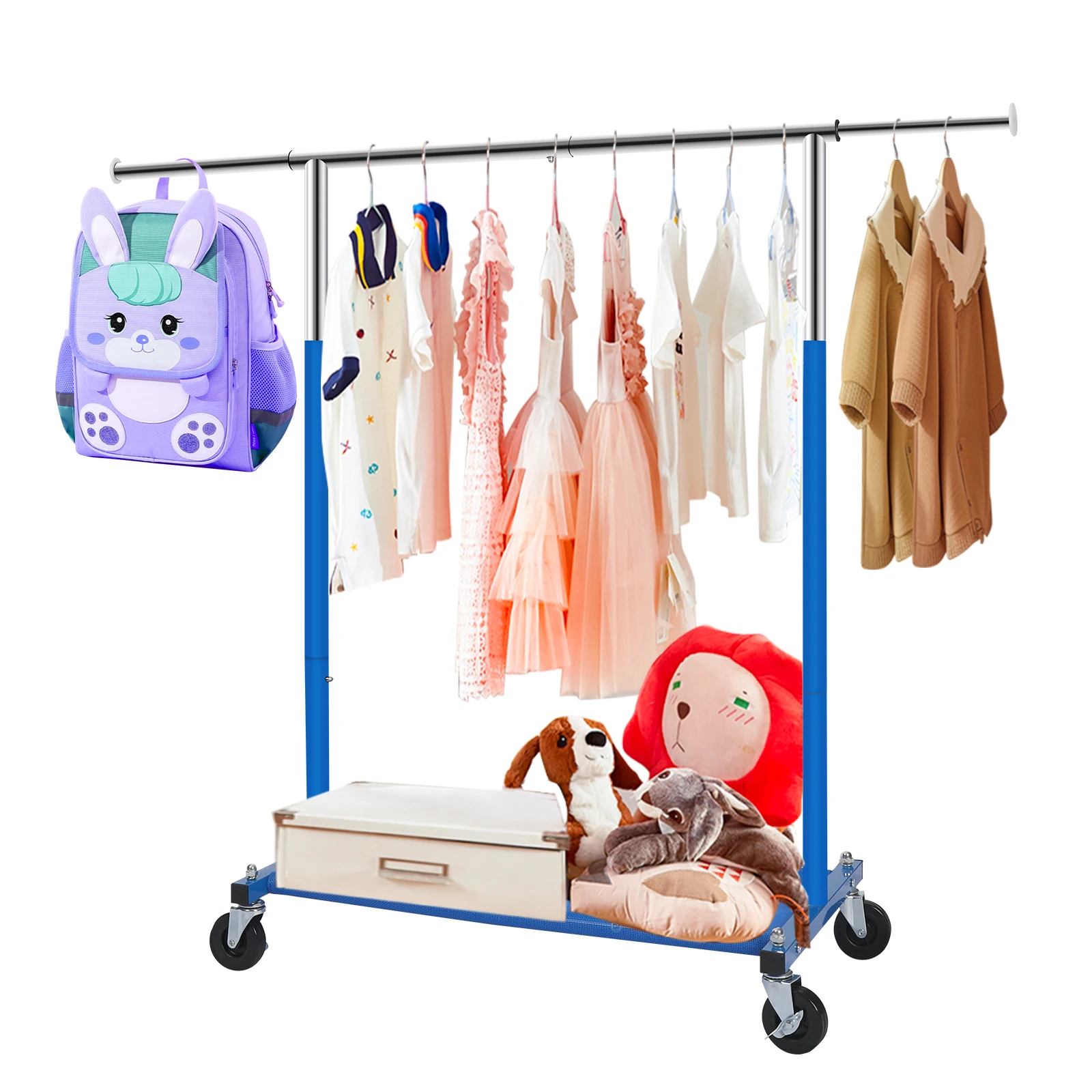 Blue Single Pole Children's Storage Items Simple Drying Rack Independent Easy to Assemble Rolling Belt Net Clothing Rack