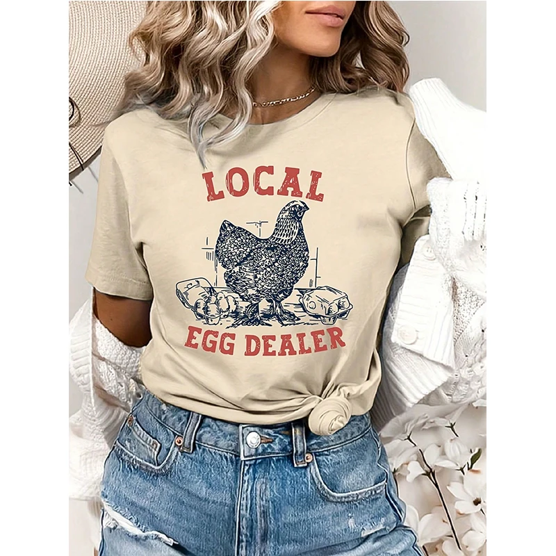 

Women Chicken English Print T-Shirt Summer Crew Neck Short Sleeve T Shirt Graphic Vintage Korean Style Tshirt Y2k Tops Clothes