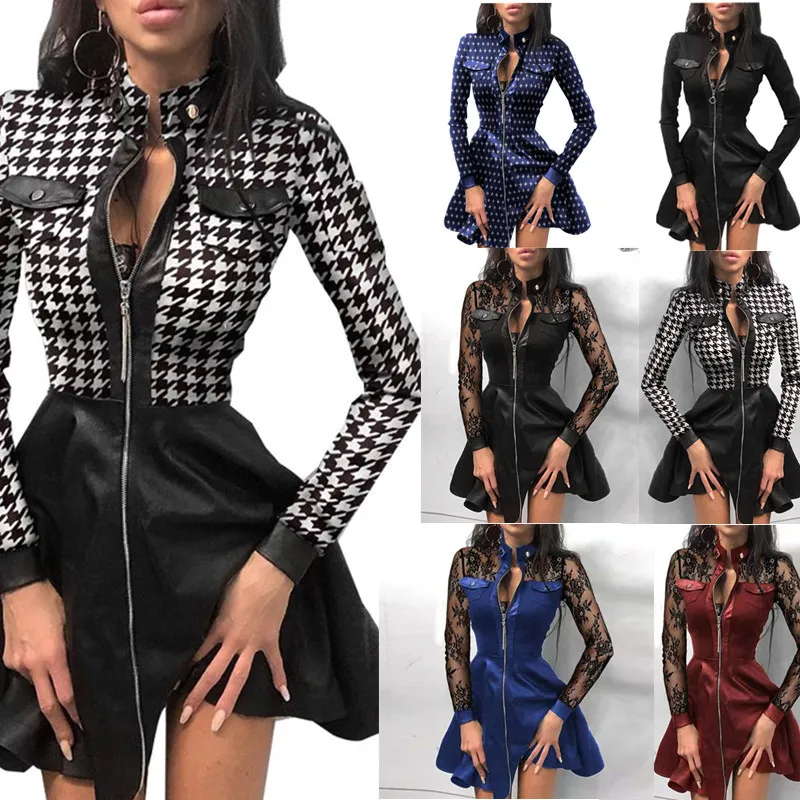 Zipper Pockets PU Leather Dress Women Sexy Lace Mesh Sleeve Patchwork Party Dress Winter Elegant Stand Neck Button Mini Dresses