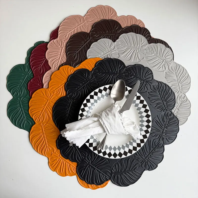 1/4/6PCS Flower Shaped Gift Black Placemats Rectangular Faux Leather Round Table Pad Hotel Restaurant Party Table PU Placemats