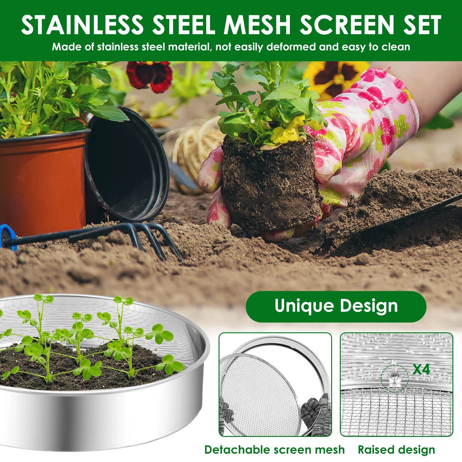 4/6Pcs Soil Sieve Set Stainless Steel Garden Soil Sieve with 3/6/9mm Filter Mesh Rust Resistant Compost Sifter Garden Accessory
