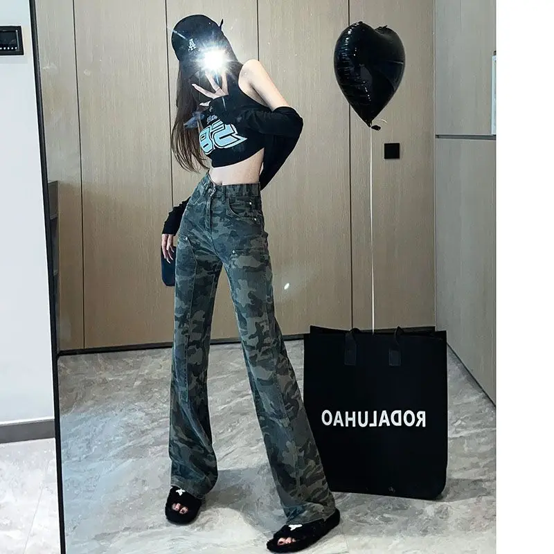 Chic Denim Jeans Pants for Womens Camo Hot Loose Cowboy Cargo Trousers Female Trend Printed Wide Leg Vintage Green Denim Pants