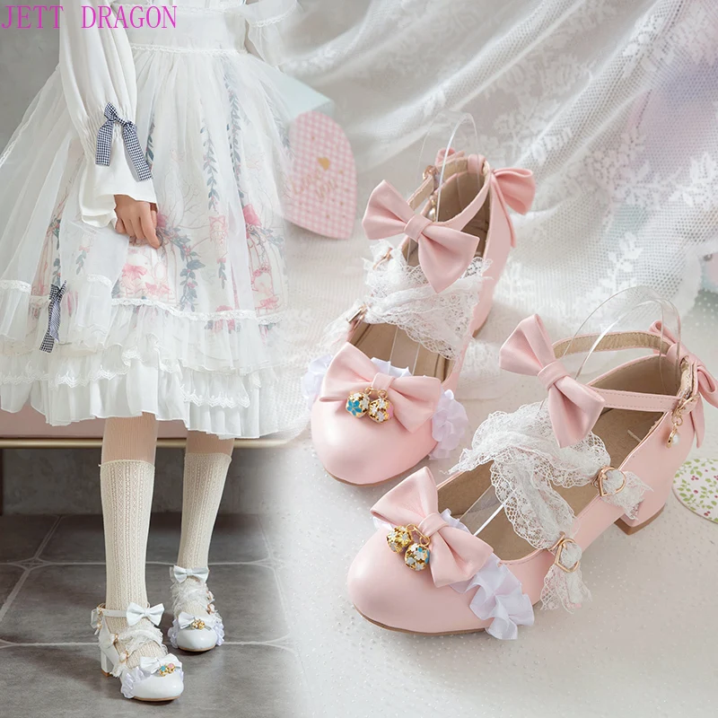 Spring Lolita Pink Mary Janes Women High Heels Shoes Sweet Bowknot Ruffles Lace Dress Party Wedding Shoes Bridal Princess