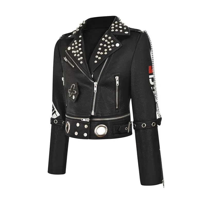 Black Slim-fit Cropped Motorcycle Leather Jacket for Women 2024 New Streetwear Rock Punk Studded Printed Jacket jaqueta de couro