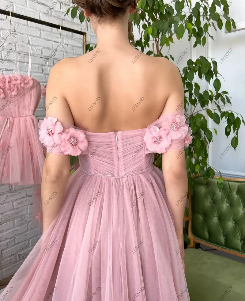 Fairy Pink 3D Flowers Tulle Prom Party Dress Floor Length Off the Shoulder Split Sweetheart A Line Pleats Formal Evening Gowns