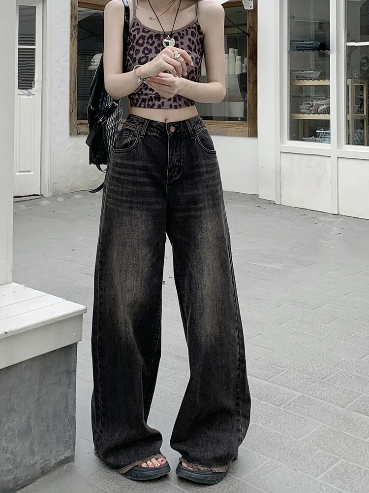 Imagem -02 - Jeans Folgados Vintage de Perna Larga Feminino Calça Jeans Preta Clássica Calças Longas Largas Estética Grunge Moda Harajuku Y2k Anos 2000