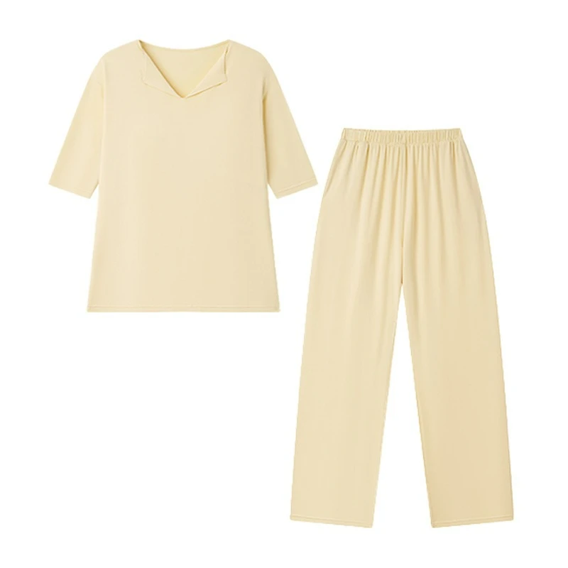 Spring and Summer New Loungewear Women's Mulberry Silk Medium-sleeved Trousers Loose Suit Solid Color Pajamas with Chest Pads