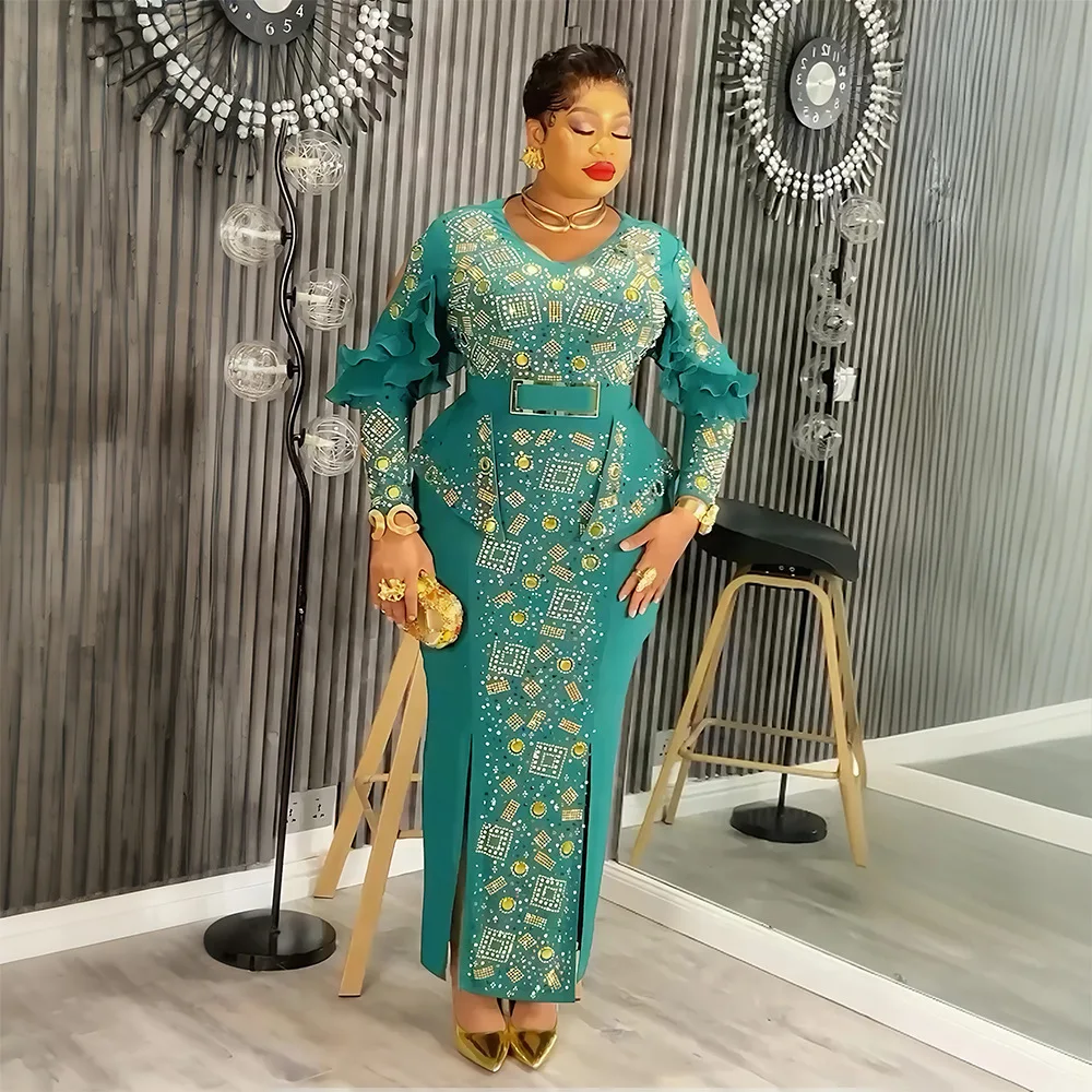 

New African Evening Dresses Women Diamond Wedding Party Bodycon Dress Ankara Dashiki Africa Clothing Prom Gown Outfits Vestidos