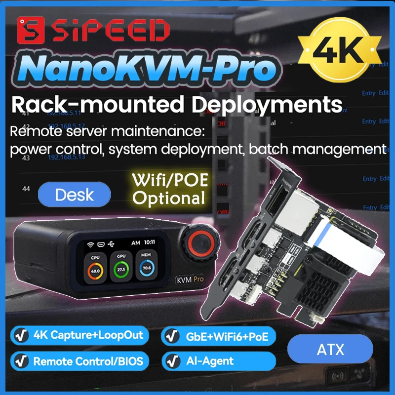 Sipeed NanoKVM-Pro PiKVM IP-KVM 4K GbE WiFi6 PoE Remote Control HomeLab Server NAS AI Agent HDMI second screen led strip