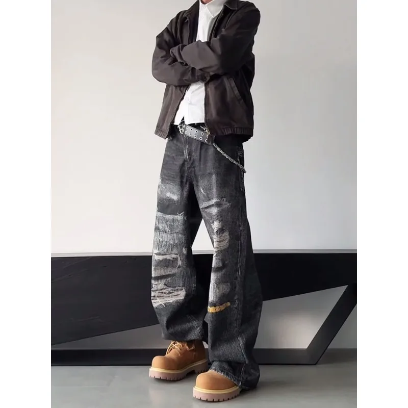 

High Street Men's Jeans Trendy Printed Pattern Washed Worn-out Straight Leg Jeans American Style Male Denim Pants Black Jeans