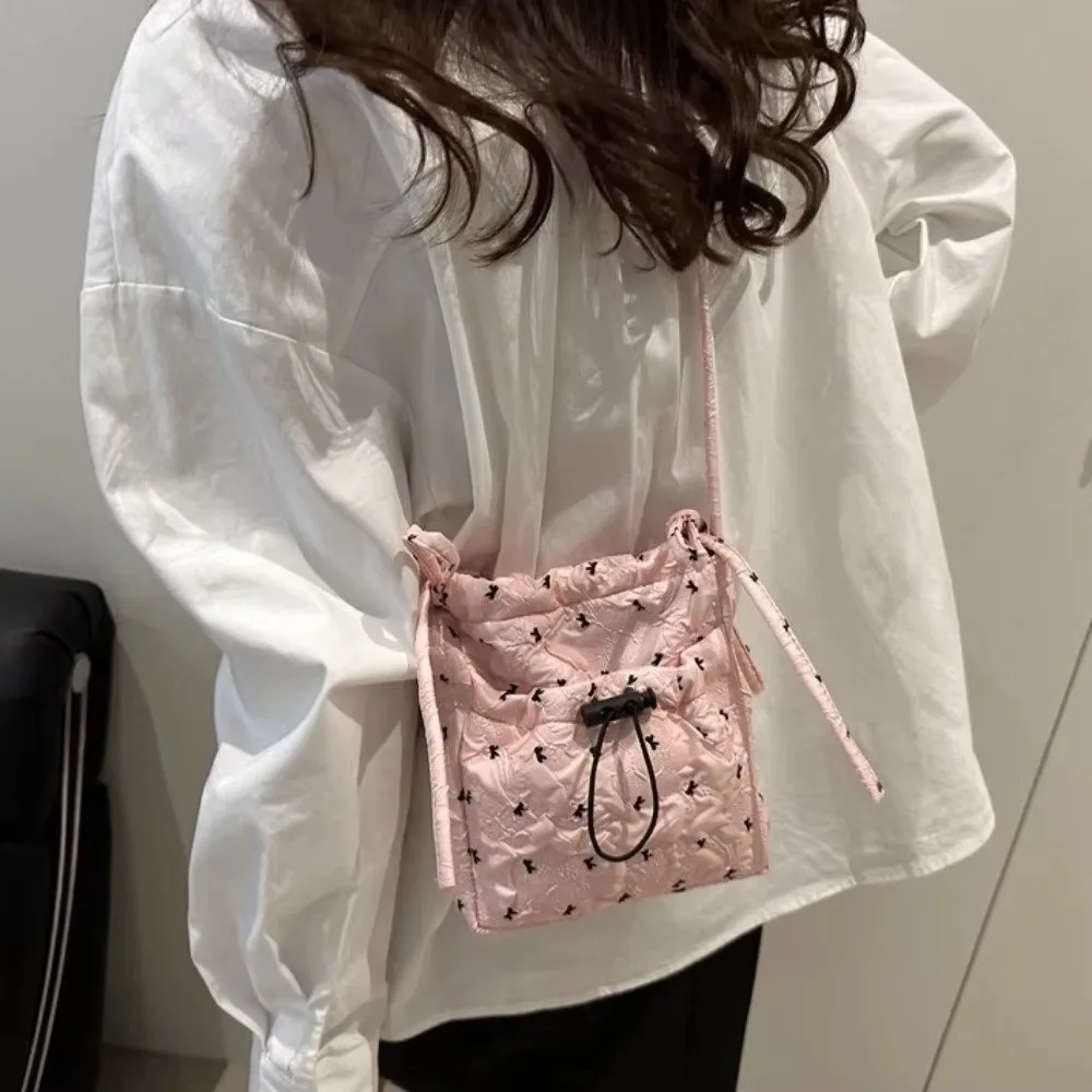 

Korean Style Bowknot Shoulder Bag Solid Color Lightweight Crossbody Bag Drawstring Bucket Mobile Phone Pack Women