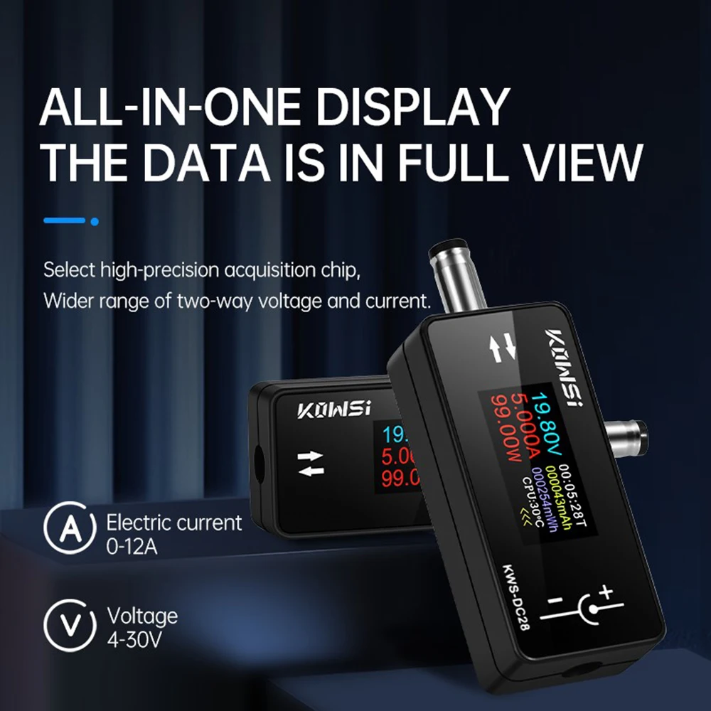 KWS-DC28 Schnittstellentester, 4–30 V, 0–12 A, Spannung, Stromtester, digitales Voltmeter, Amperemeter, 0,96 Zoll TFT-Farbbildschirm, Leistungsmesser