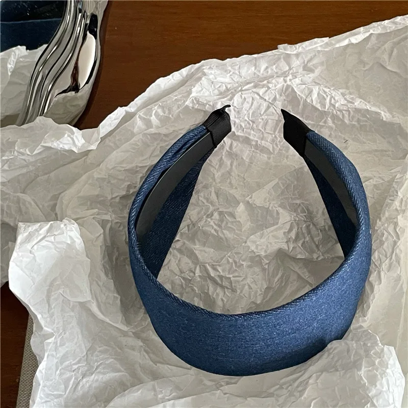 Modisches, individuelles, blauem Denim-Optik gestreiftes, breites Stoff-Haarband, koreanische Version, neues Street-Style-Haarband mit Druckknöpfen, Haarband zum Gesichtwaschen – Detail 9