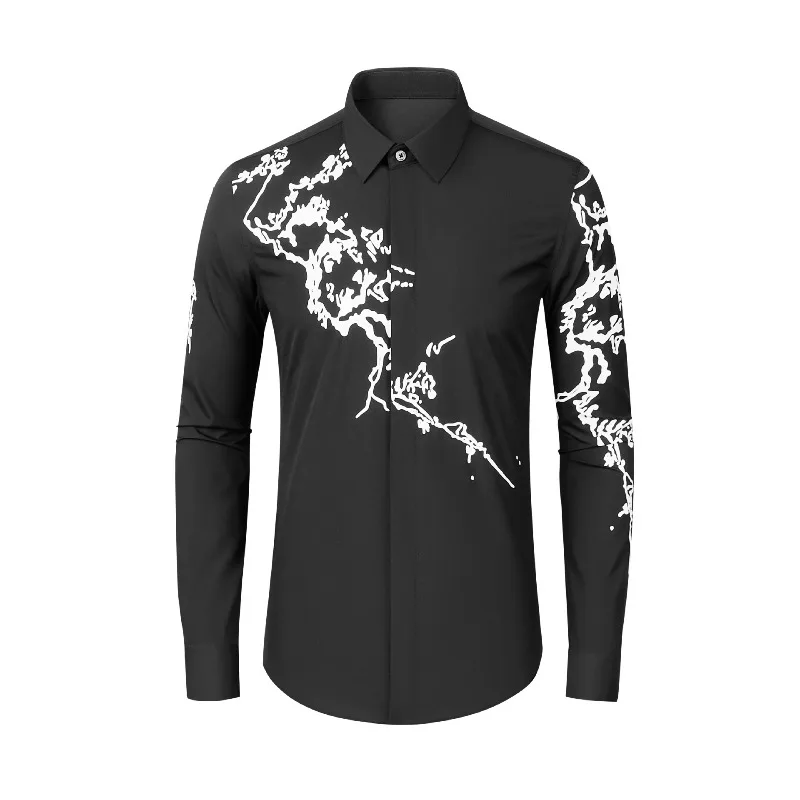 Chinese-style expressive plum blossom black and white print fashion men's long-sleeved shirt dropshipping