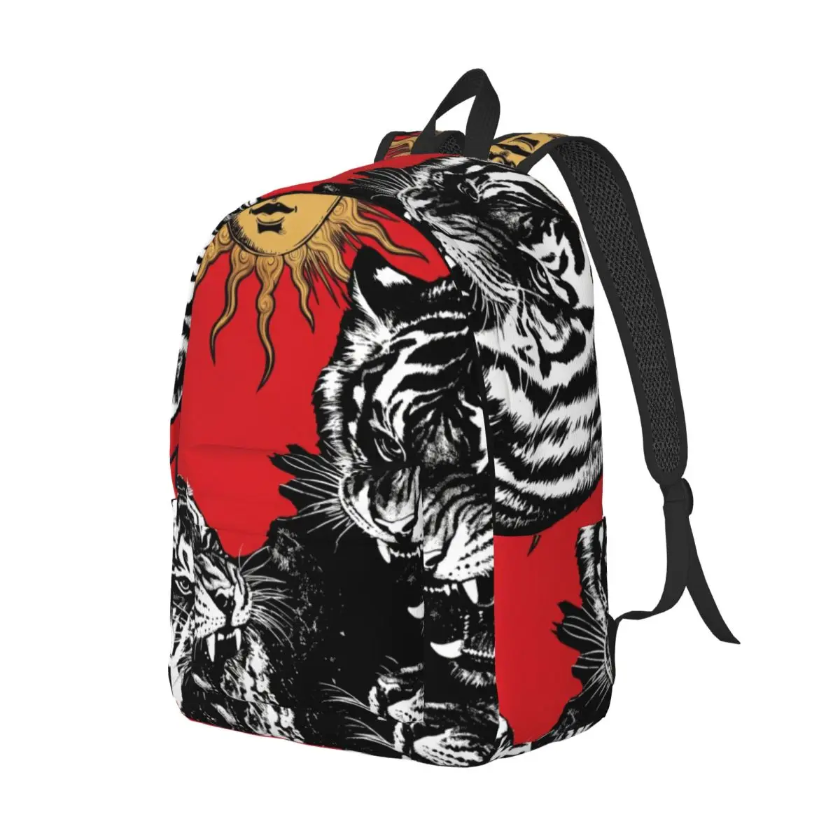 Boho Vintage School Backpack Center Tiger Sun Aggressive Vector Red Black White Casual Daypack for School Work Outdoor Travel