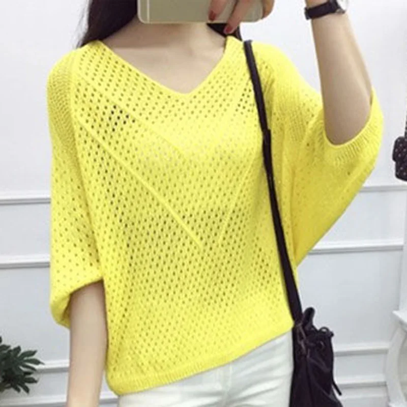 Fashion V-Neck Knitted Loose Hollow Out Blouse Women\'s Clothing 2023 Summer New Casual Pullovers Korean Batwing Sleeve Shirt