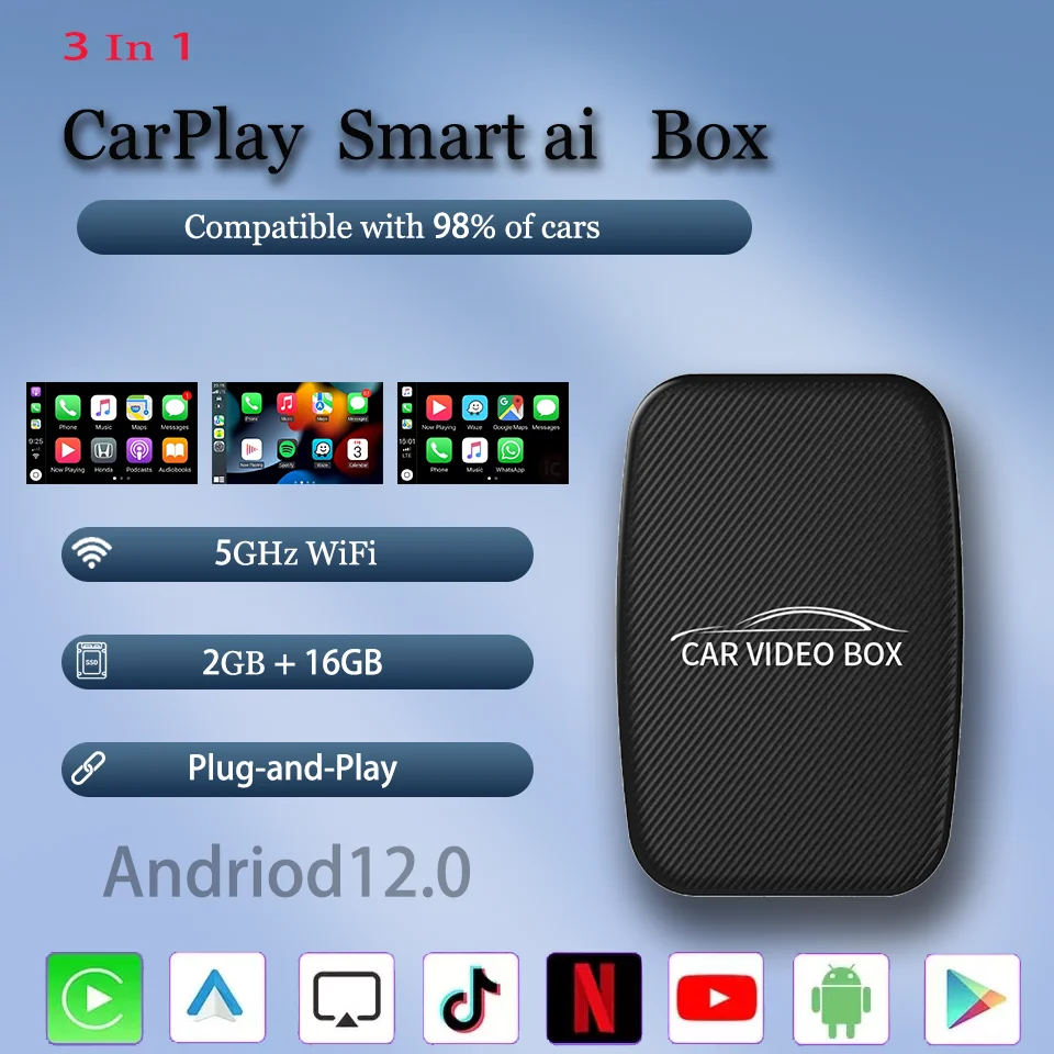 

CarPlay Ai Box Android 12 Wireless CarPlay & Android Auto 3IN1 Smart TV Box with Youtube Netflix Support Car Accessories