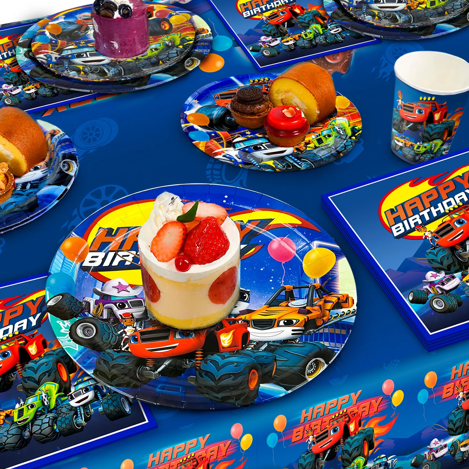 Monster Truck Birthday Party Supplies,113pcs Tableware Set-Monster Trucks Birthday Plates Napkins Paper Cups Tablecloth etc