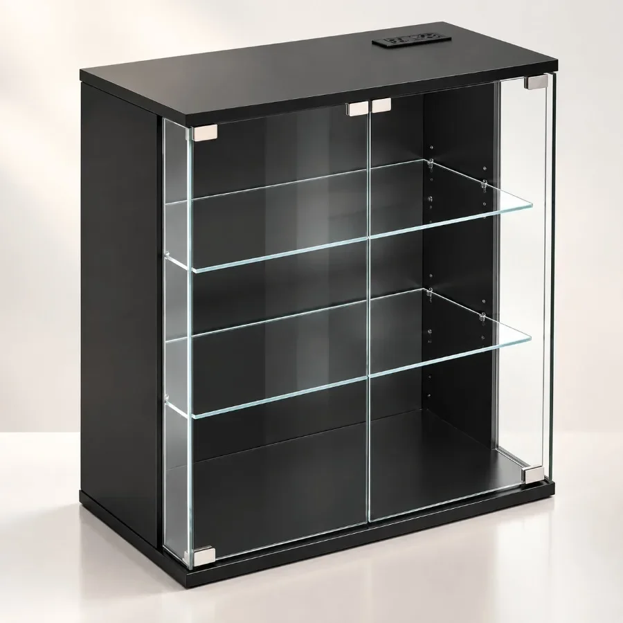Display Cabinet for Living Room, Tempered Glass, White, 3-Tier Curio Cabinet with Adjustable Shelves and Built-in LED Light view 2
