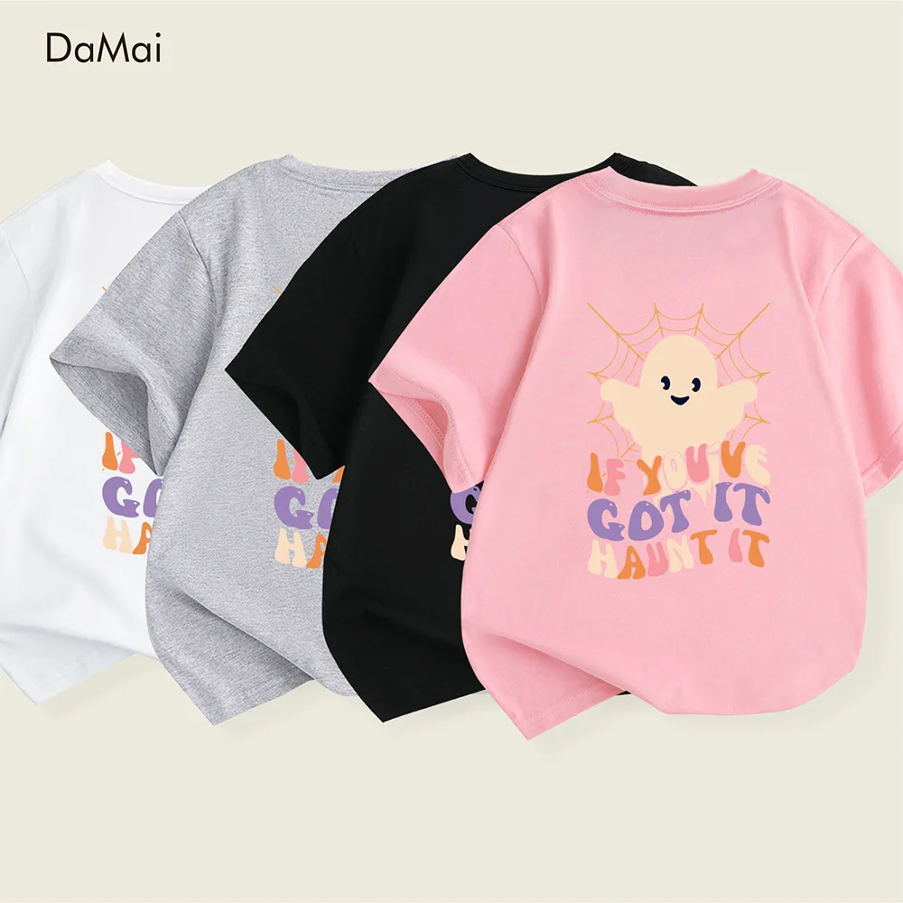

Футболка с короткими рукавами для девочек, повседневная летняя детская одежда с круглым вырезом и принтом «Призрак паутины» на Хэллоуин, детская одежда