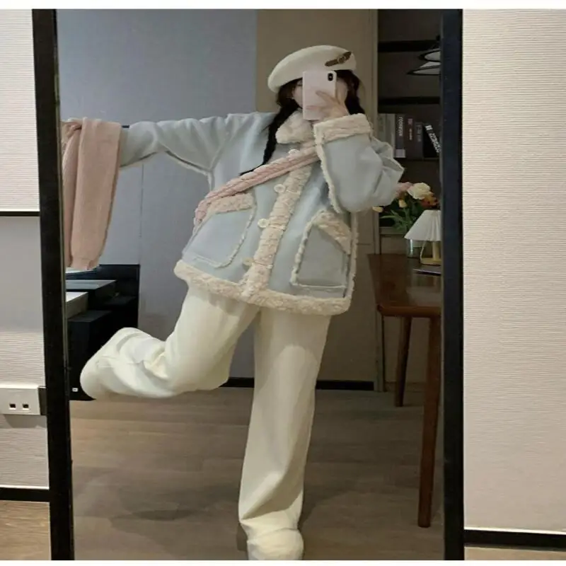 Veste rembourrée pour femmes, vêtements quotidiens d'extérieur, manteau en laine d'agneau bleu pour femmes, automne hiver 2025, nouveau Style coréen, doublure en fourrure de coton polaire