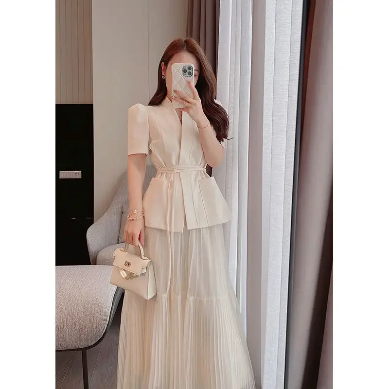 Spring Summer New Elegant Korean Evening Party 2-Piece Set Women Lace-Up Blazer Long Mesh Skirt Fashion Casual Lady Skirt Suit