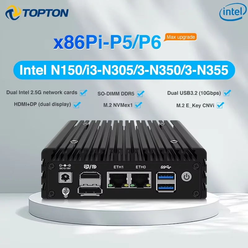 

Topton P5 P6 Intel Twin Lake 3-N355 N350 N150 Max Fanless Palm Mini PC Dual 2.5G LANs 6*USB HDMI+DP Firewall Computer Nano PC