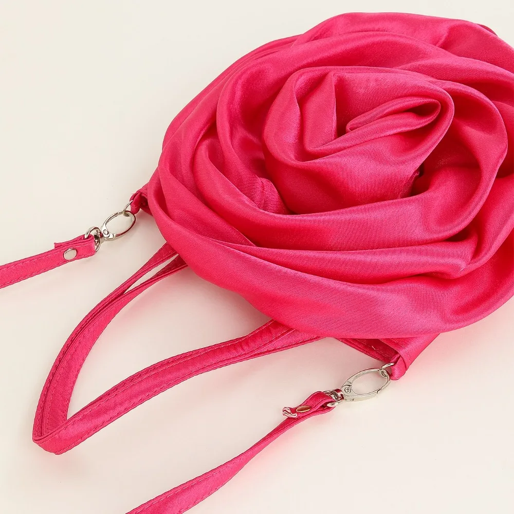 Luxury Rose Handbags Design Silk Pleated Flower Shoulder Bag Women Red Satin Round Evening Purse Wedding Party Clutches Female