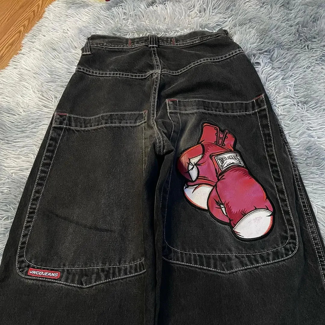 

JNCO Jeans Y2K Streetwear Hip Hop Boxing Gloves Graphic Baggy Jeans Black Pants Men Women Harajuku Goth High Waist Wide Trousers