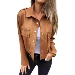 Autumn Spring Suede Jacket Women Cargo Style Zipper Turn-down Collar Faux Buckskin Deer Velvet Outdoor Outerwear Jacket