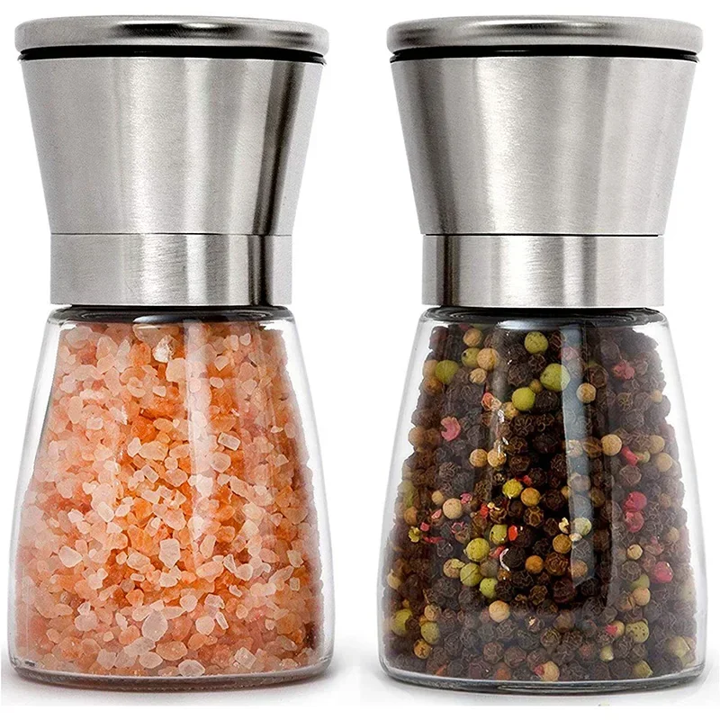 2Pcs Stainless Steel Salt and Pepper Grinders Short Glass Shakers Adjustable Coarseness for Sea Salt Spices Pepper Mill Set