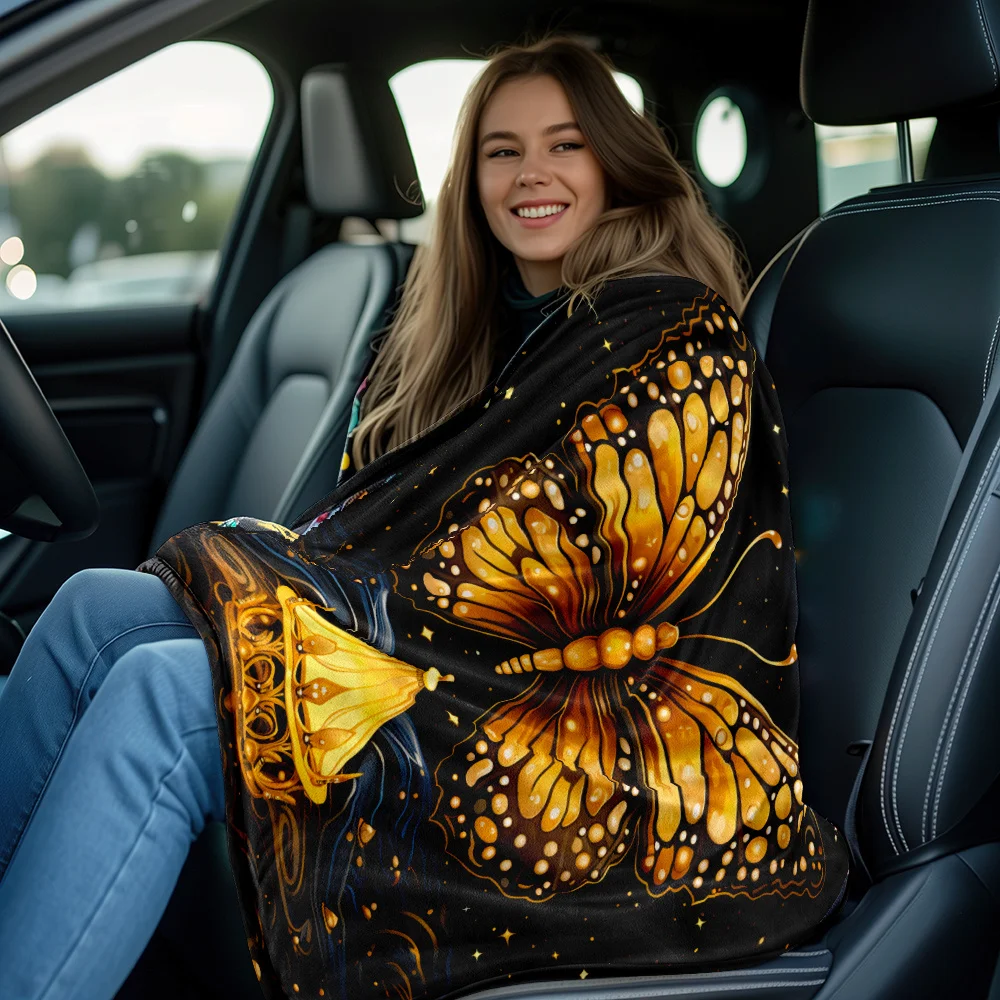 Golden Butterfly Moon Night Sky Magic Lantern Art Fleece Blanket Dreamy Celestial Design Boho Home Decor Mystical Symbolic