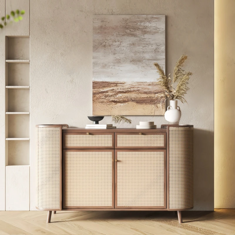 Solid wood rattan dining side cabinet modern simple living room TV floor cabinet